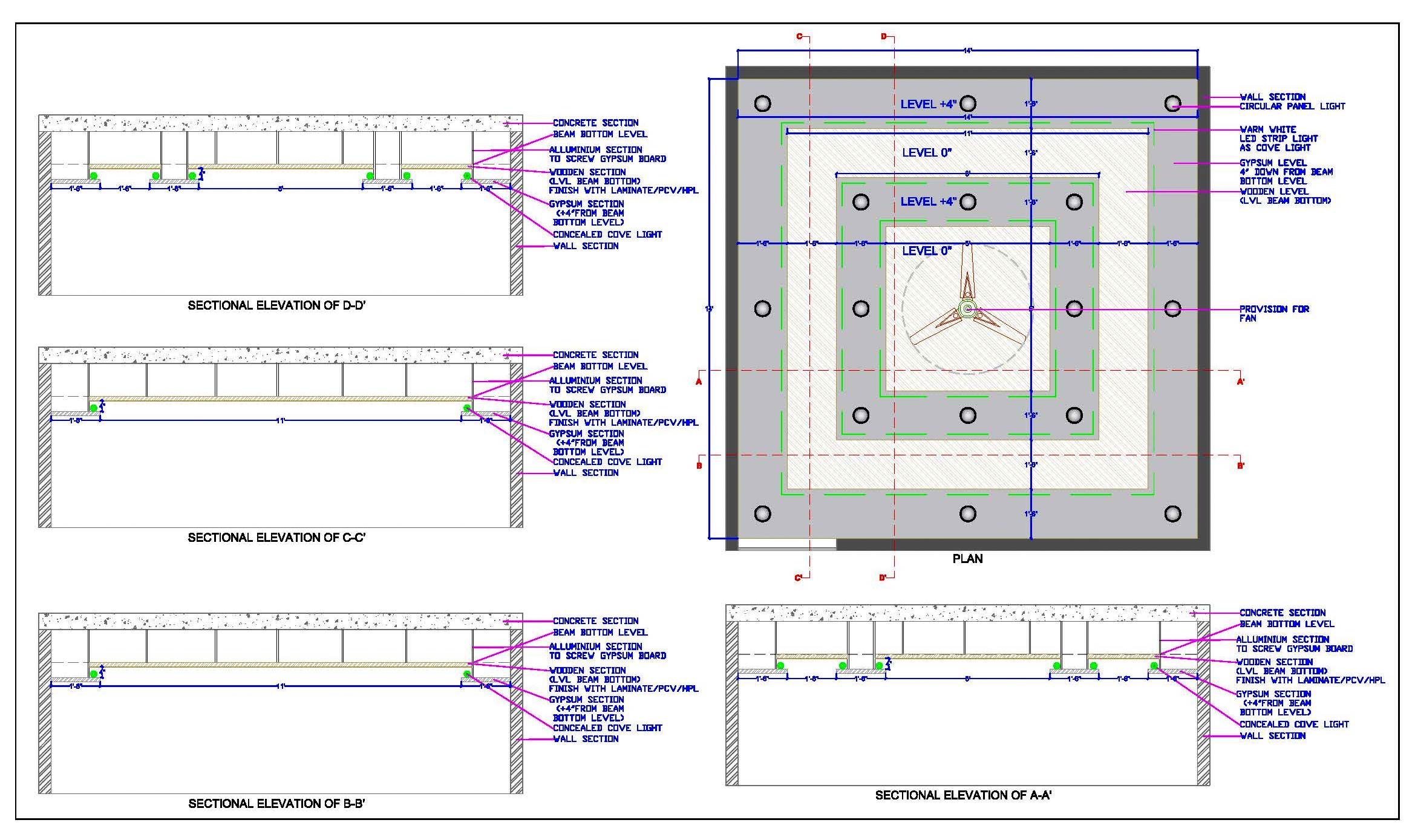 False Ceiling Design CAD - 14'x14' POP and Wood Details